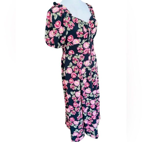 Unique Vintage Floral Pink and Black midi/maxi Dress w/sweetheart neck size L - Picture 7 of 8